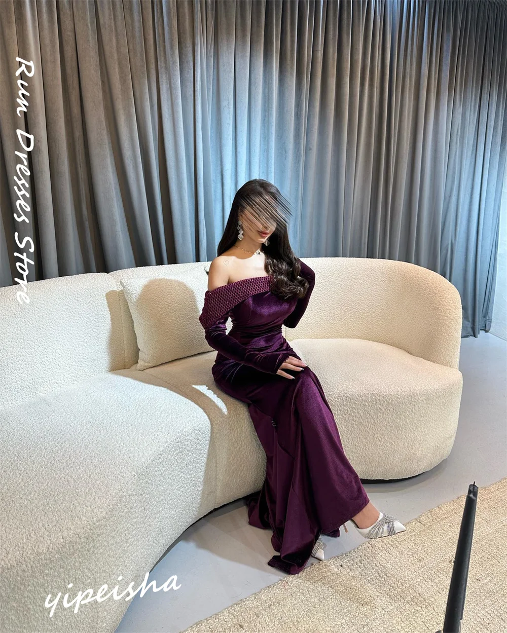 Customized Elegant Off-the-shoulder Mermaid Sweep/Brush es Rhinestone Velour evening gown vestidos de ocasión formales فستان سهر