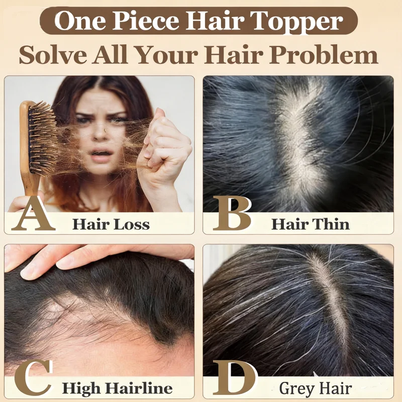 One Piece Human Hair Topper With Bangs 2 Clip In Type 20G 360 Degree All Round Coverage Gray Hair Cover Piece Women Hair Thickening Accessory 5x9cm Base Multiple Sizes view 5