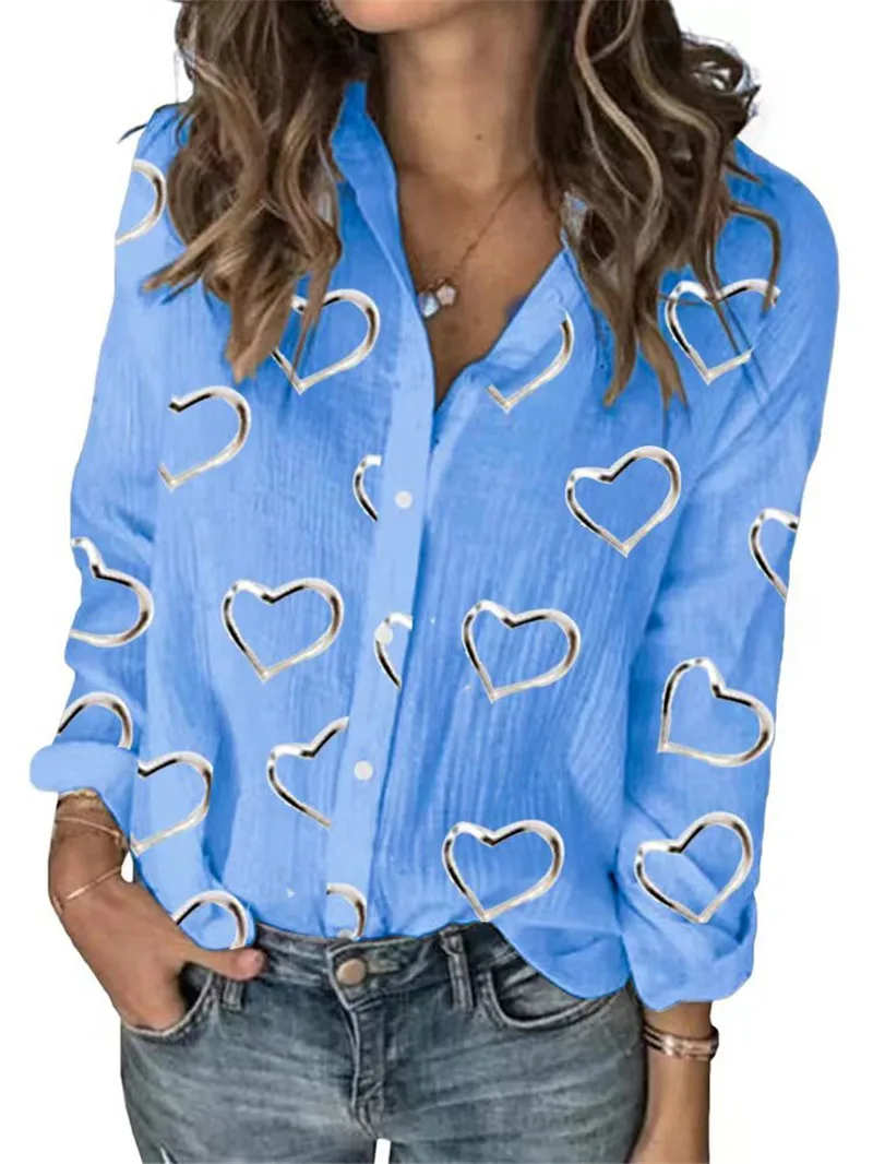 Fashion High Street Women Shirts Spring Summer 3D Printed Street Love Heart Pattern Ladies Blouse 3XL Plus Size Casual Shirt