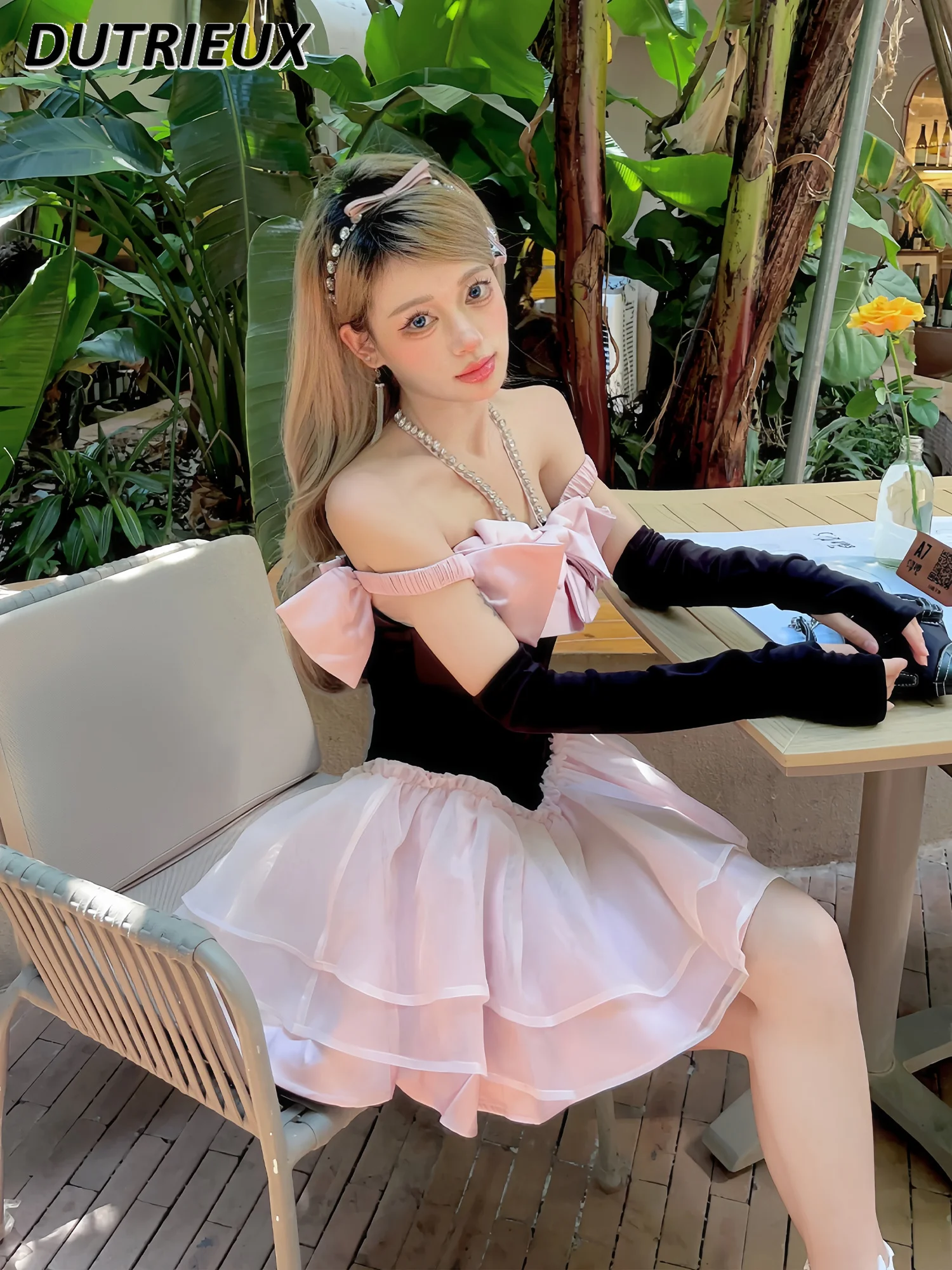 Princess Sweet Style Black Pink Bow Diamond-Embedded Halter Pettiskirt Birthday Date Fairy off-the-Shoulder Fitted Waist Dress