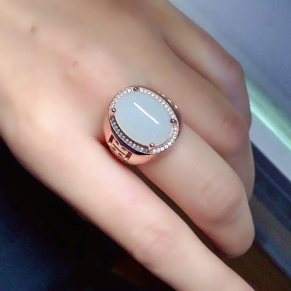 

Fashin Sterling Silver Jade Ring for Man 12mm*16mm Real White Jade Silver Ring Solid 925 Silver Jade Jewelry