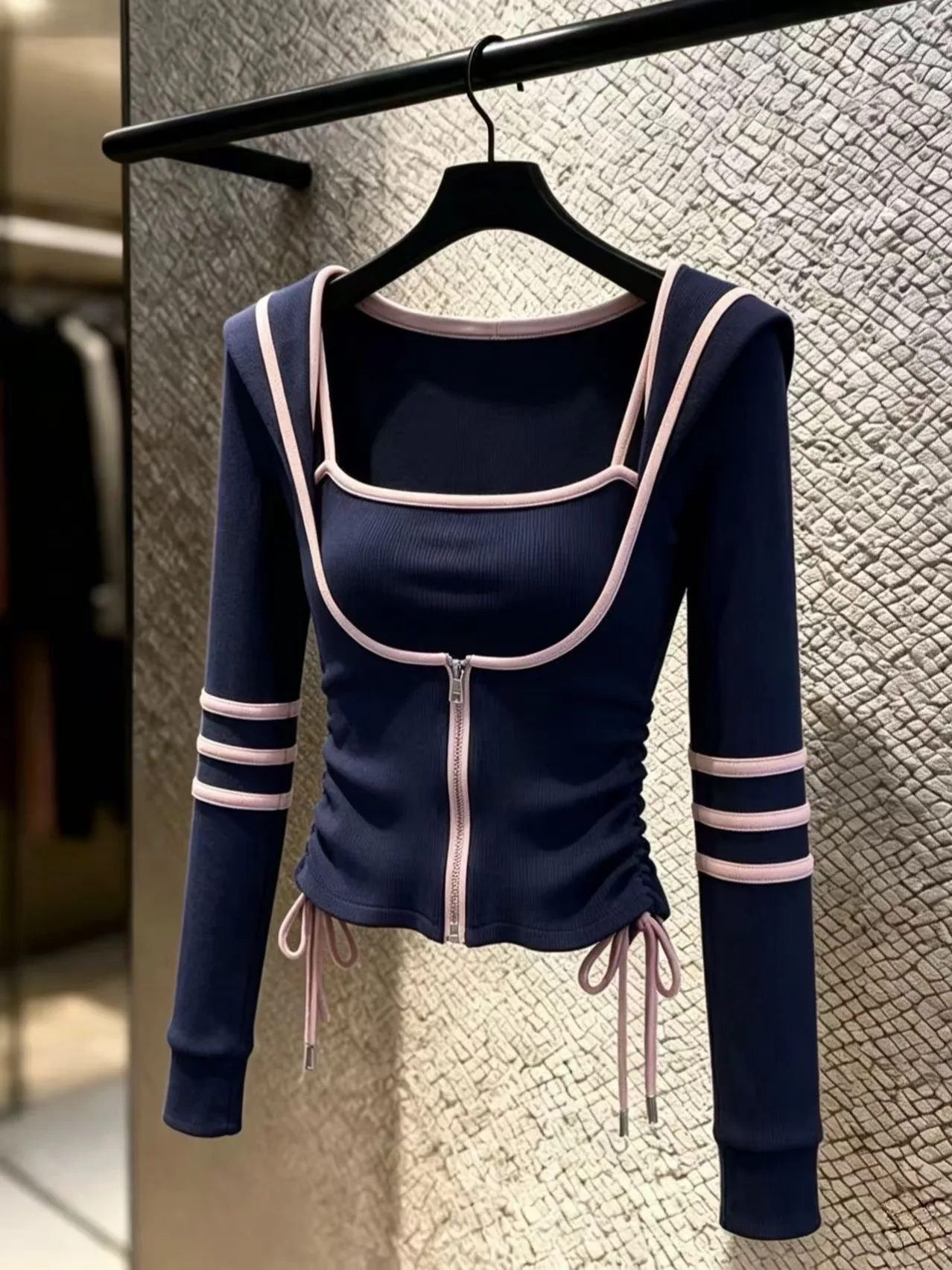 Slim Fit Short Knitted Top And Strap Two Piece Set in Royal Blue for Women Autumn Wear French Style Casual Outfit