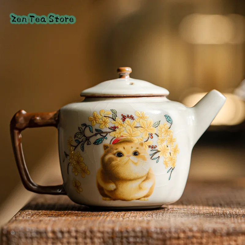 Beige Yellow Ru Kiln Xi Meng Small Fat Cat Holding Pot Fresh Hand-painted Teapot Single Pot Kung Fu Tea Set Household Ceramics