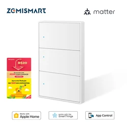 Zemismart Matter Over WiFi Smart Switch Push Button Light Switch US Work with Home Google Home SmartThings APP Neutral Required