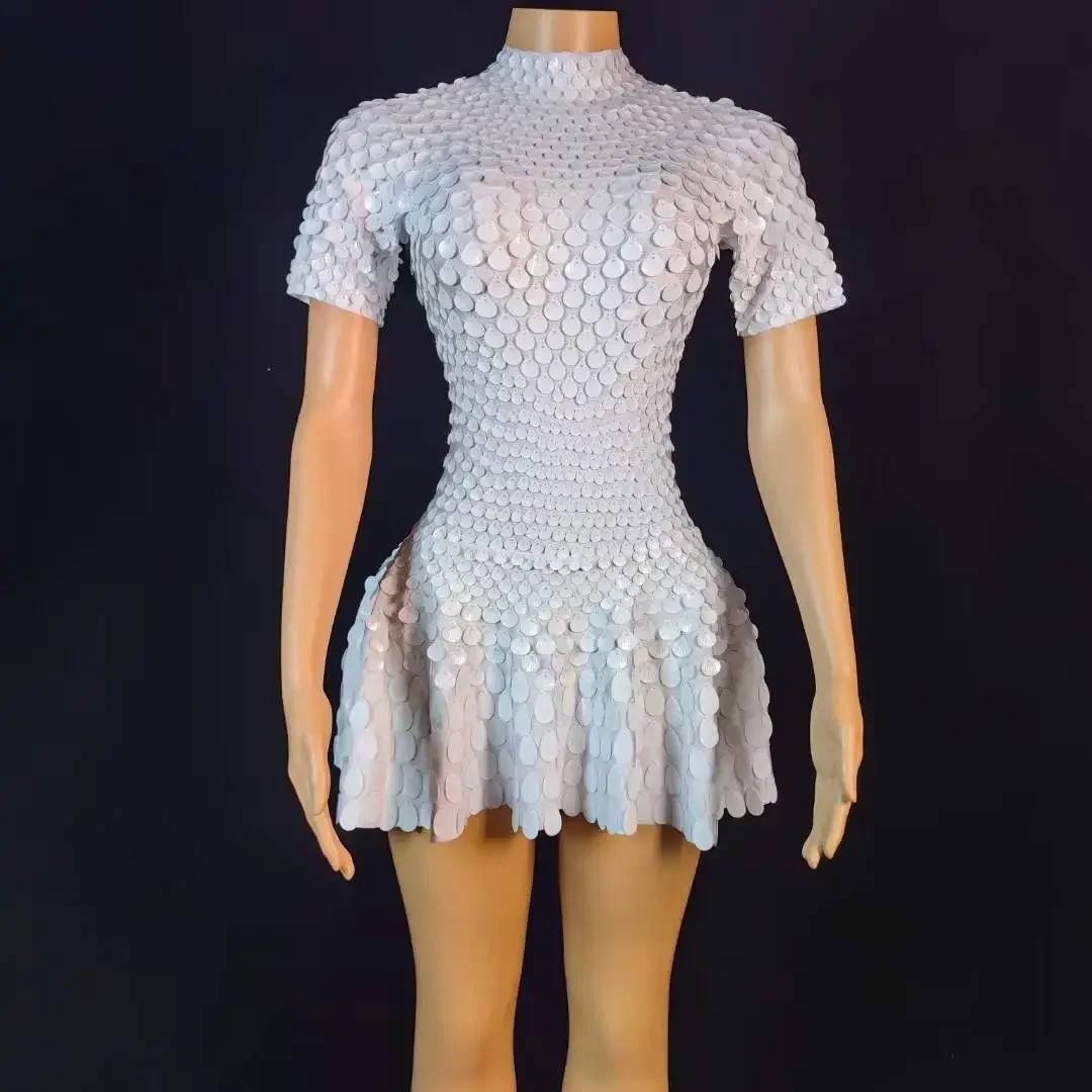 Vestido blanco de manga corta con lentejuelas para mujer, traje de cantante, bailarina, Drag Queen, fiesta de boda, cumpleaños, escenario, disfraz de DJ DS Gogo