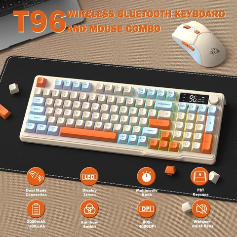 ZIYOU LANG T96 Combinação de teclado e mouse para jogos sem fio, BT/2.4G RGB retroiluminado com display inteligente e botão, mouse para jogos de 4000 DPI