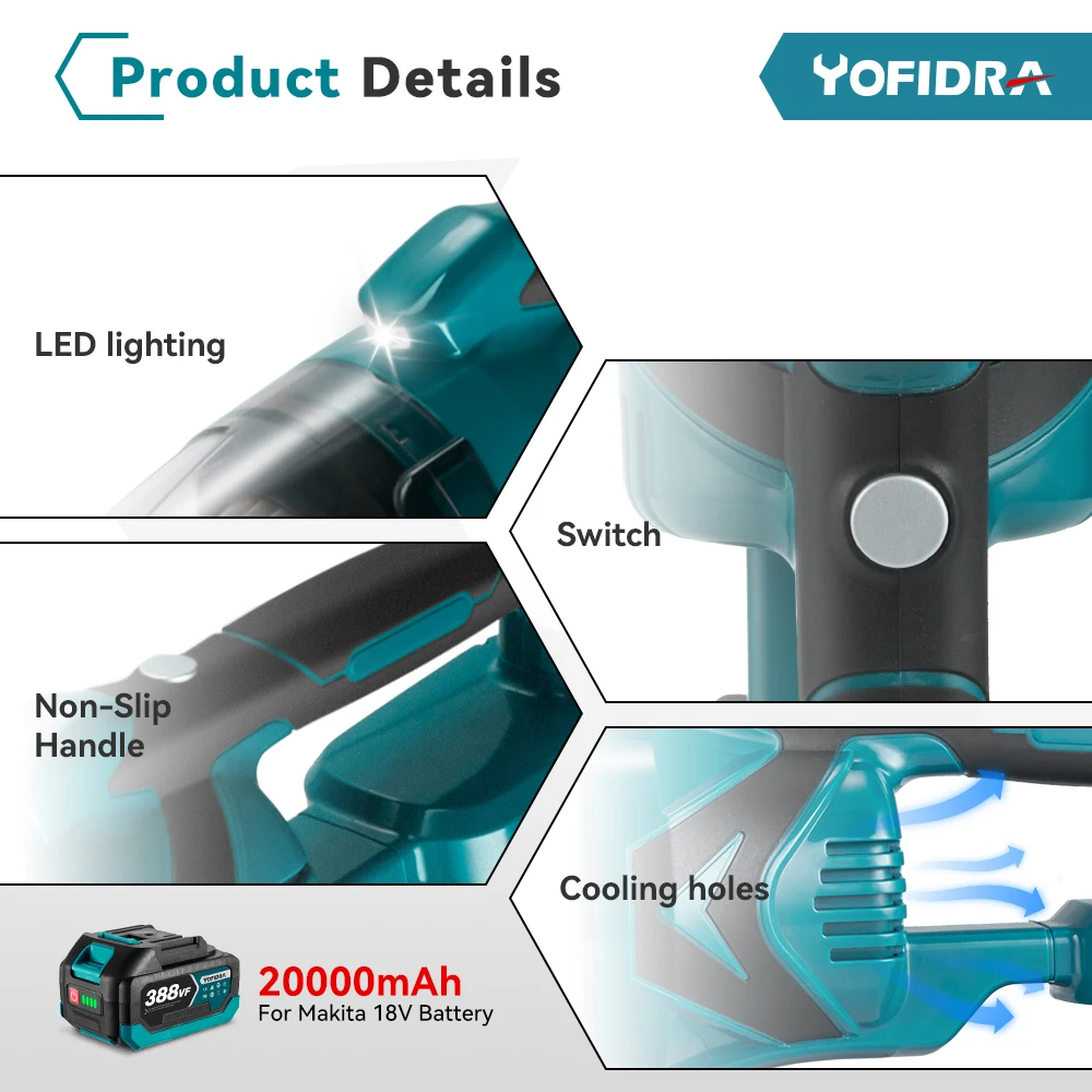 Yofidra 1500W Cordless Handheld Electric Vacuum Cleaner Rechargeable Cleaning Tool for Home Car Pet Hair for Makita 18V Battery