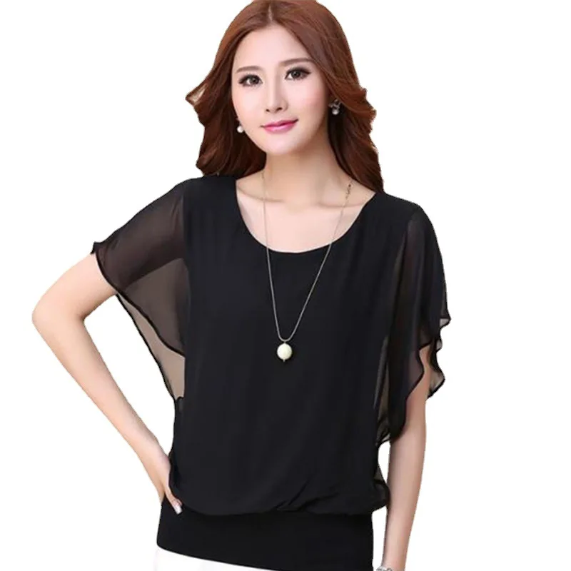 Women\'s Clothing Women Blouse New fashionable short sleeved T-shirt slimming bat sleeve chiffon loose top base shirts Blouses