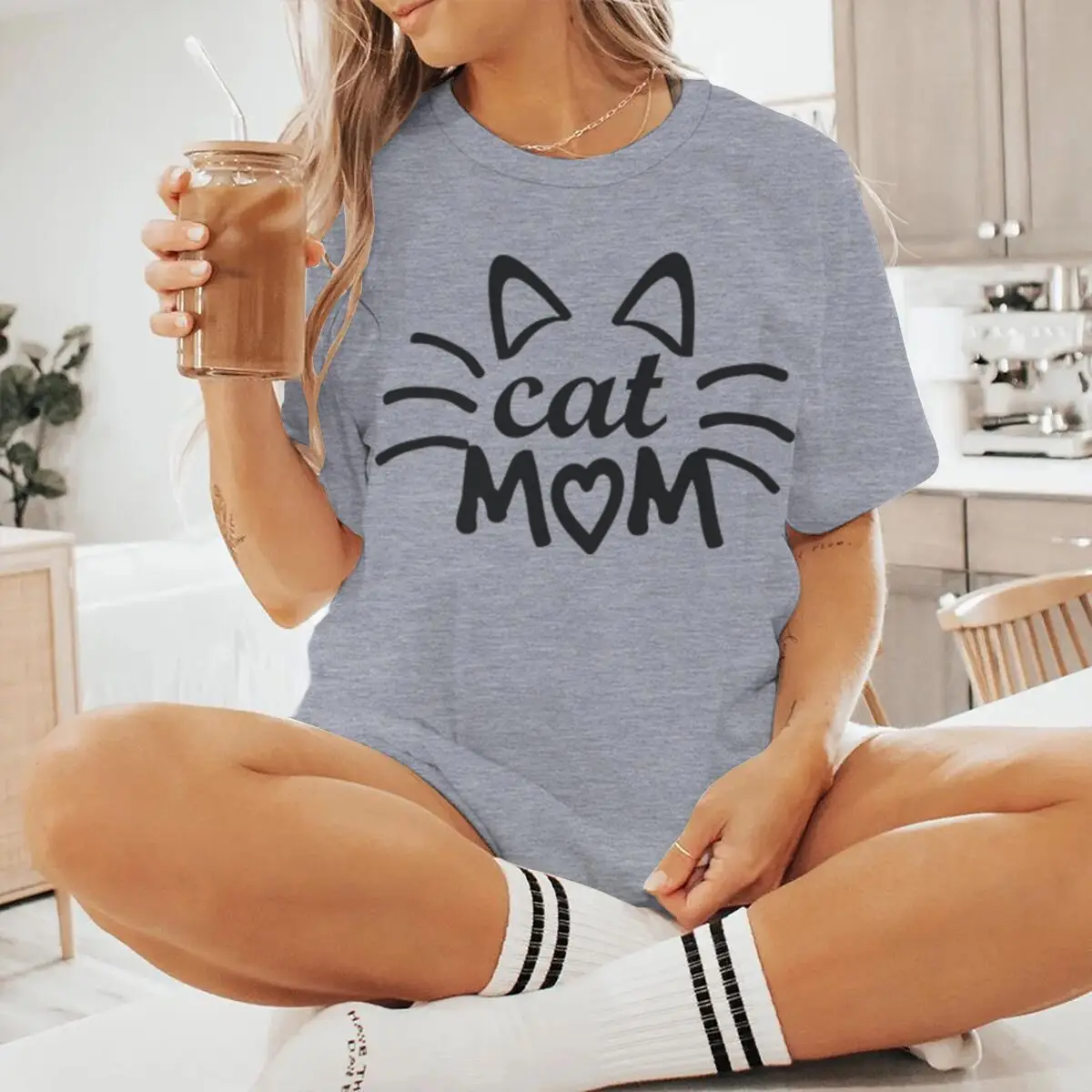 

Women's Casual Tops With Cute Cat Print Round Neck Short Sleeve T-shirt Fashion Cat Mom Gifts Streetwear Female Animal Tshirts