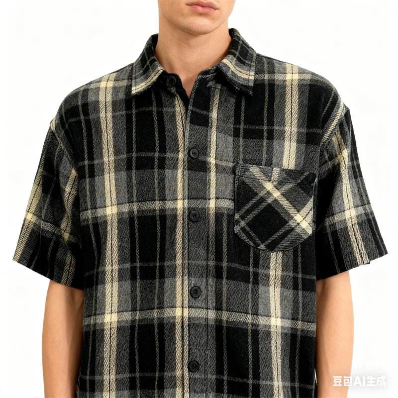 

Men's casual fashion short sleeved checkered shirt | casual black beige checkered shirt with pocket buttons | autumn and winter