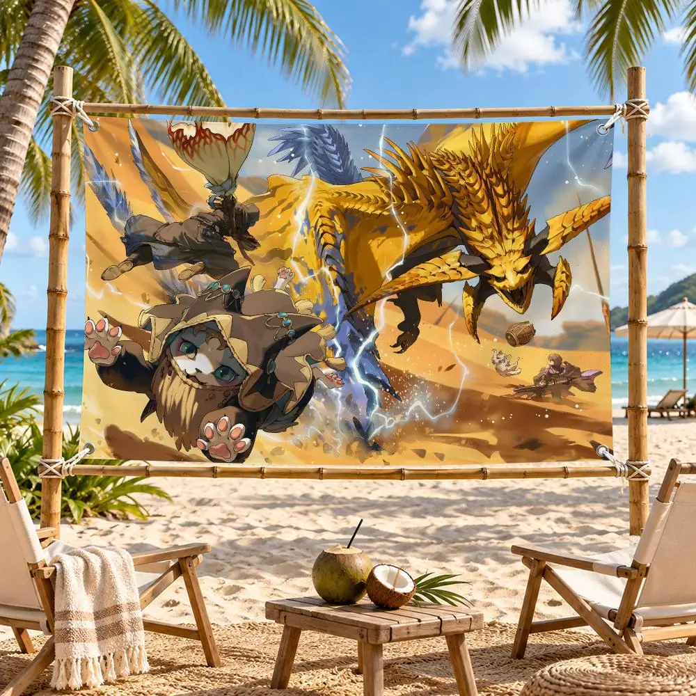 M-Monster Hunter Wilds Flags Tapestry Banner For Bedroom Outdoor Living Room Restaurant Bar Wall Decor Party