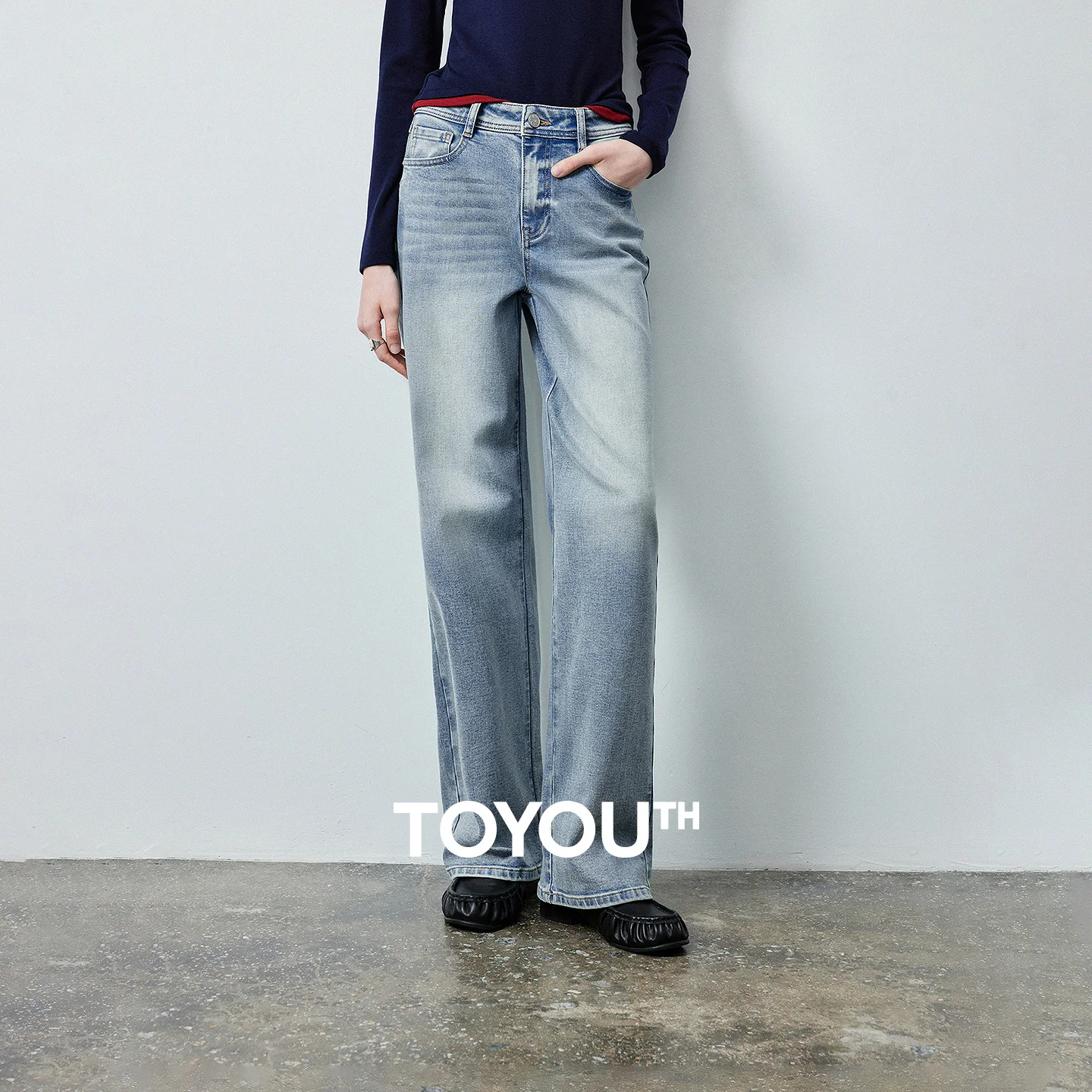 TOYOUTH Women's Washed Jeans 2026 Autumn New Mid Waist Straight Leg Leg Slimming Petite Long Pants