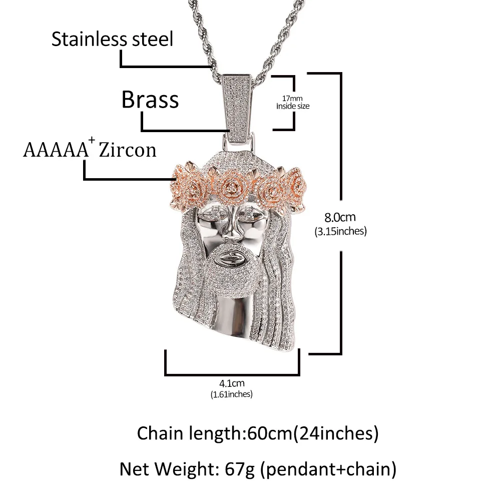 Street Fashion Men's Ice Out Zircon Jesus Pendant Necklace Hip Hop Chain Rap Artist Jewelry Party Accessories