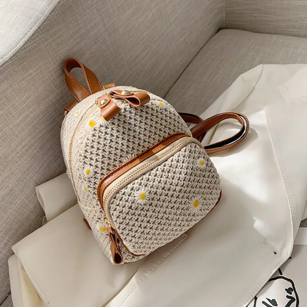 Mini Floral Embroidered Straw Bag Perfect For Summer Beach Travel Vacation Fashionable Student Straw Small Backpack