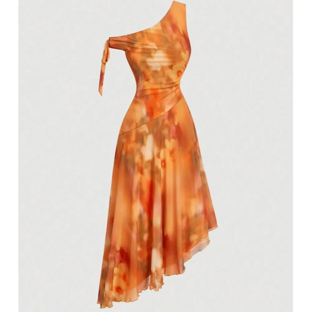 

Sleeveless One-shoulder Mesh Irregular Dress Summer Women's Printed Fashion Slim Waist Long Dress Vestidos De Fiesta Elegantes