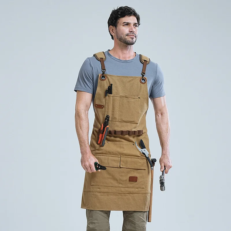 Custom Branding Thick Canvas Apron For Men And Women Multi Pocket Design Durable Kitchen Work Overalls