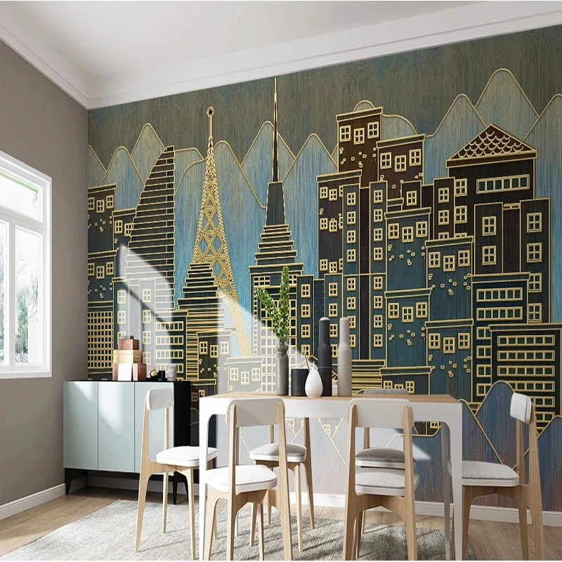 Customized Modern Golden Line Relief City Building Photo Wallpaper Mural Living room sofa TV background wall bedroom restaurant