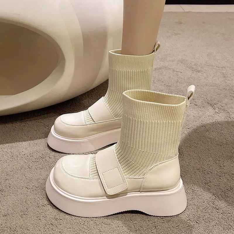 Damskie buty za kostkę Chunky Lolita Footwear Platforma Krótkie buty dla kobiet Mary Janes Booties Elastic Sock New In Winter 2024 Y2k