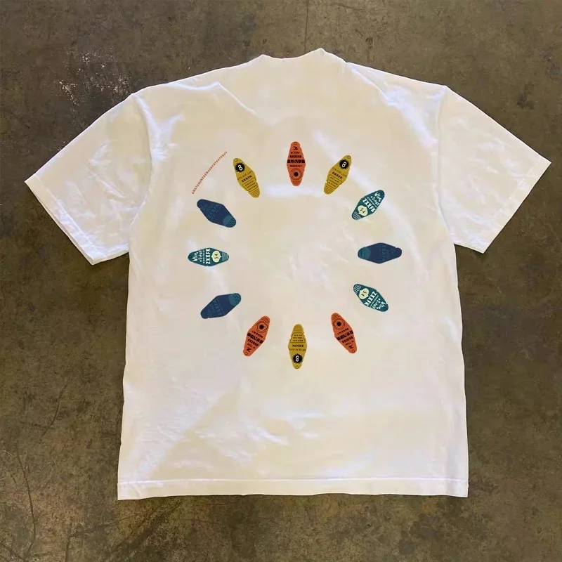 Loose Fit Cotton T-Shirt Men's Short Sleeve Breathable Comfortable Retro American Style Double Thread 3A260g Surf Board Pattern