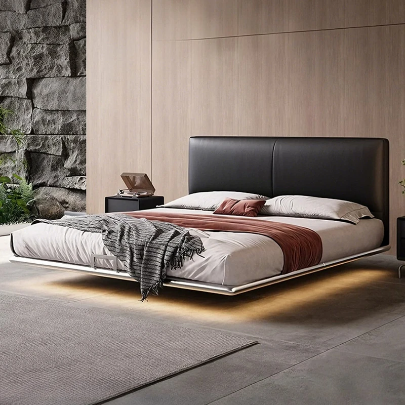 Wrought iron ultra-thin tofu block stainless steel suspension bed leather bed master bedroom small apartment wedding bed