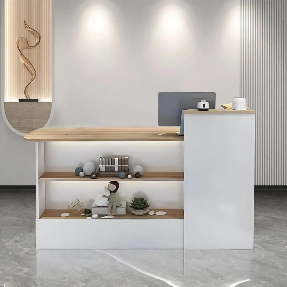 

Modern Reception Counter with Transaction Counter & Storage Lockable Drawer Front Desk with Private Panels & LED Light for Offic