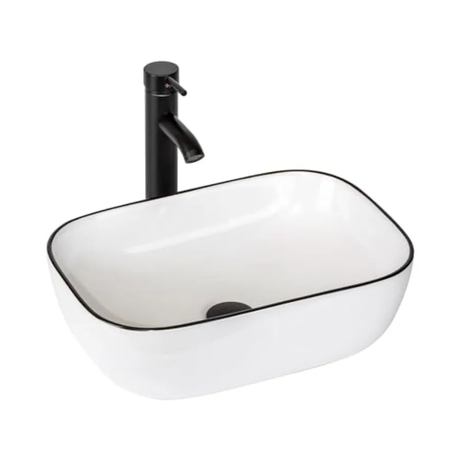 

Накладная раковина для ванной комнаты с краном, 18x13, белая керамическая, с черным ободком, современная прямоугольная фарфоровая.