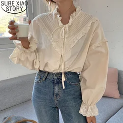 Vintage Casual Elegant Tops 2024 New Women Hollow Out Women Shirts Solid Long Sleeve Korean Style Bow Loose Blouses Blusas 9580