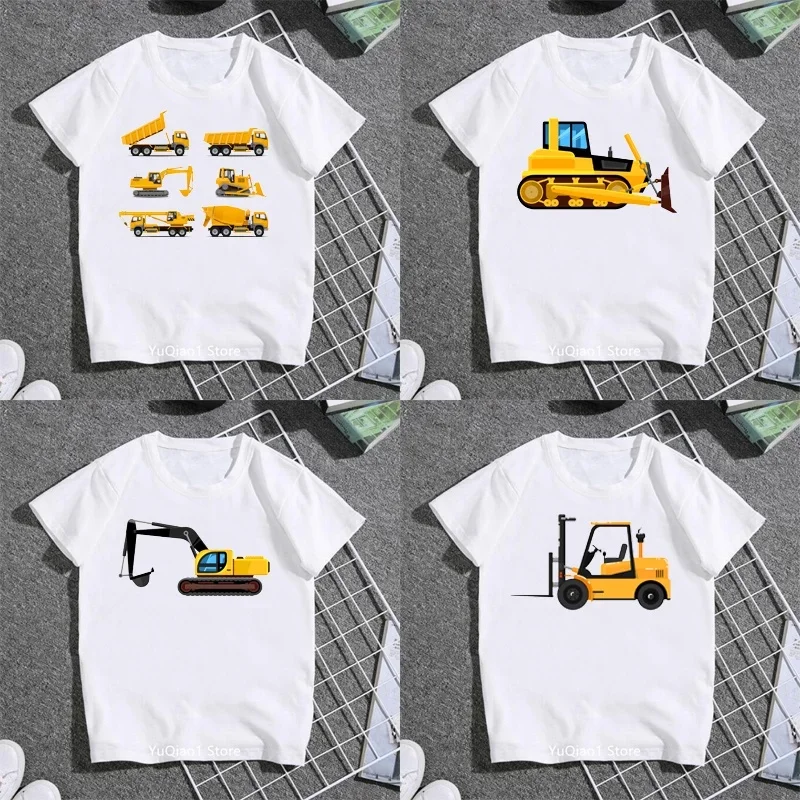 Kids Boy's Excavator/bulldozer/digger/truck Construction Print T-shirts White Children White Casual Top Tees Child Birthday Gift