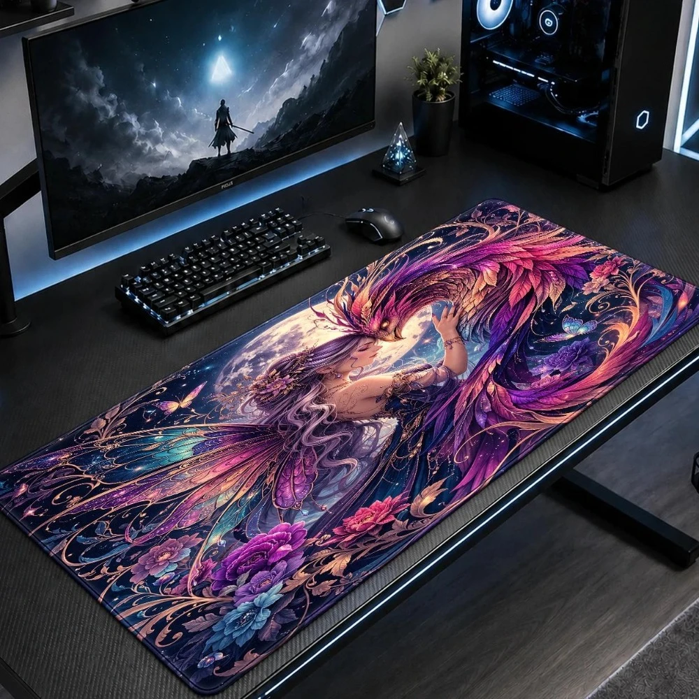Large Magic Fairy Phoenix and Moonlight Flowers Theme Tablecloth - Soft and stain-resistant, suitable for dreamers, gamers