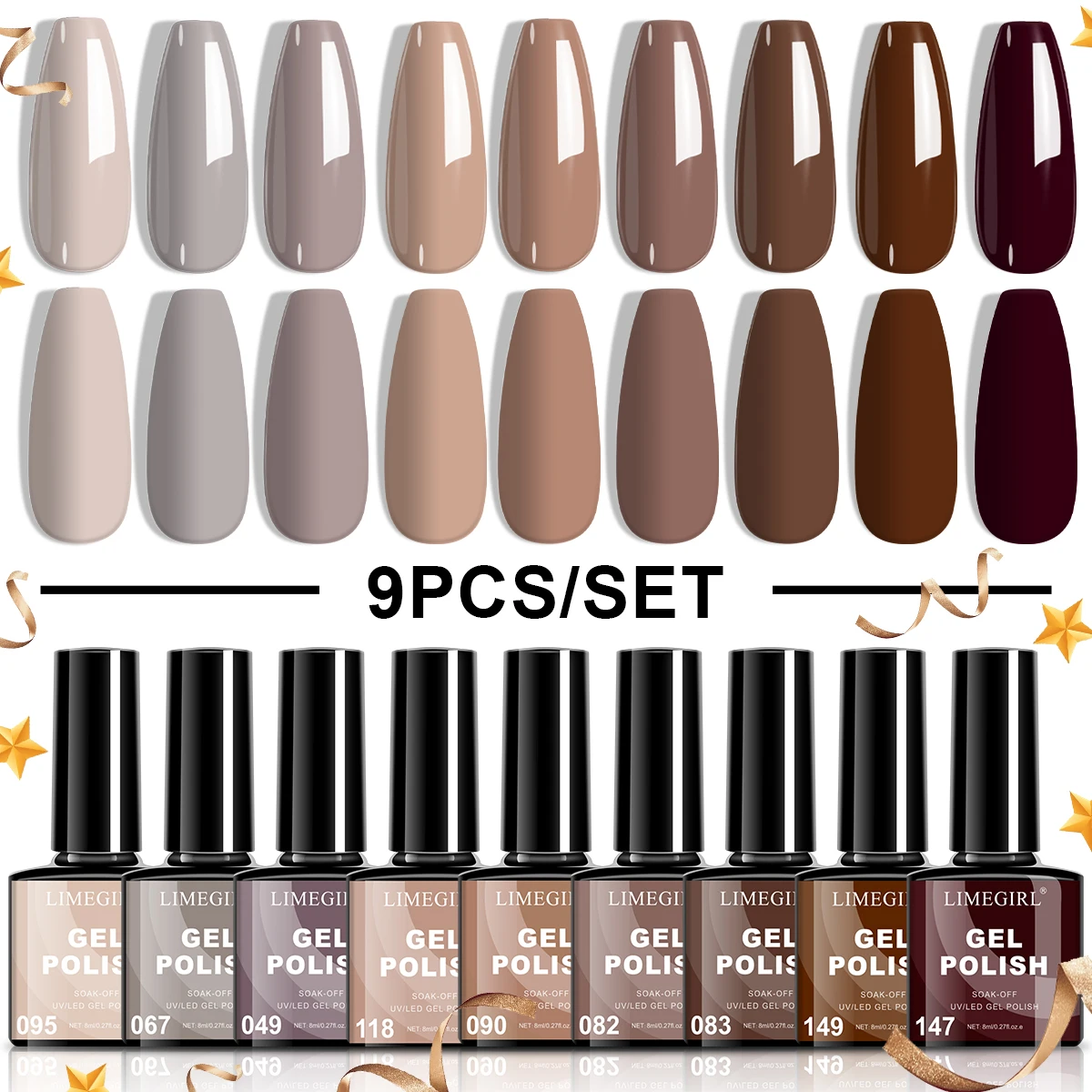 

9 PCS Gel Nail Polish Set for Beginner 8ML Glitter Soak Off UV LED Gel for Manicure Art DIY Salon/Home All Seasons Supplies Kit