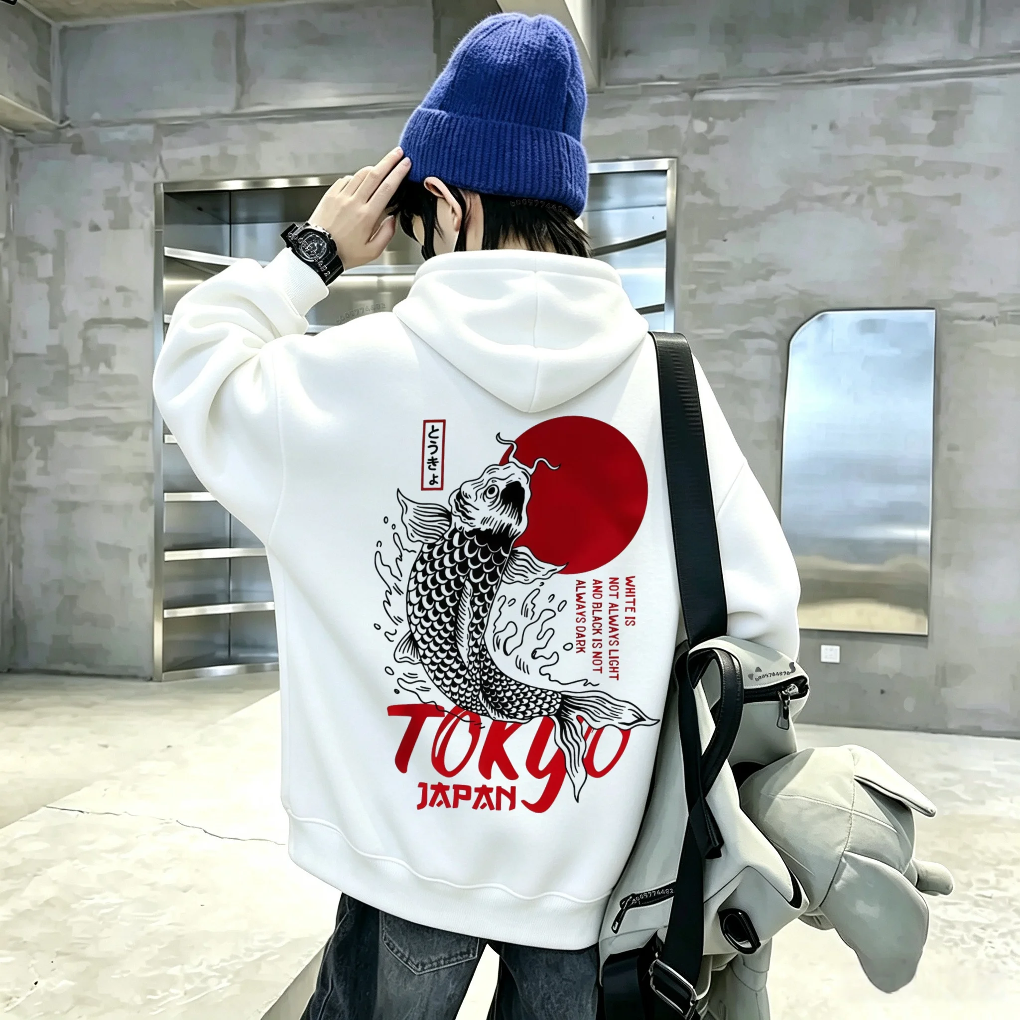 Retro Japanese-style Tokyo koi fish red sun-patterned casual long-sleeved children's pullover hooded top