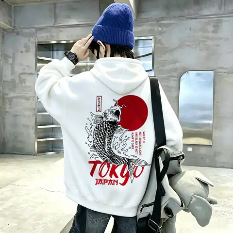 Retro Japanese-style Tokyo koi fish red sun-patterned casual long-sleeved children's pullover hooded top