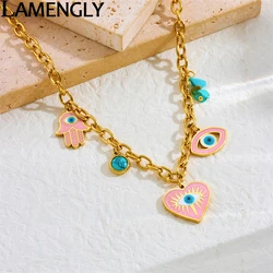 LAMENGLY 316L Stainless Steel Exaggerated Eyes Pink Heart Eyeball Palm Pendant Necklace Women Classy Non-Fading Clavicle Chain