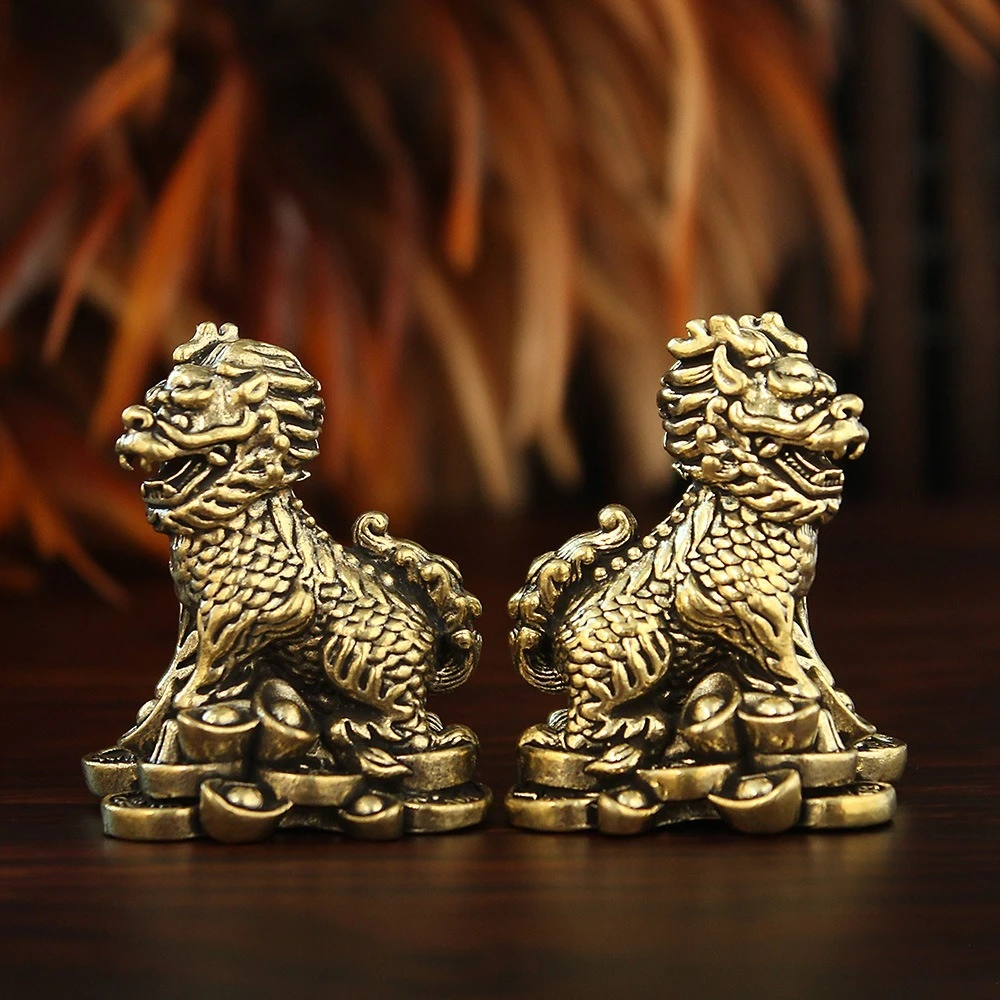 Brass Kylin Gold Ingot Statue Wealth Lucky Prosperity Feng Shui Ornaments Furniture Living Room Home Decor Collection Gift