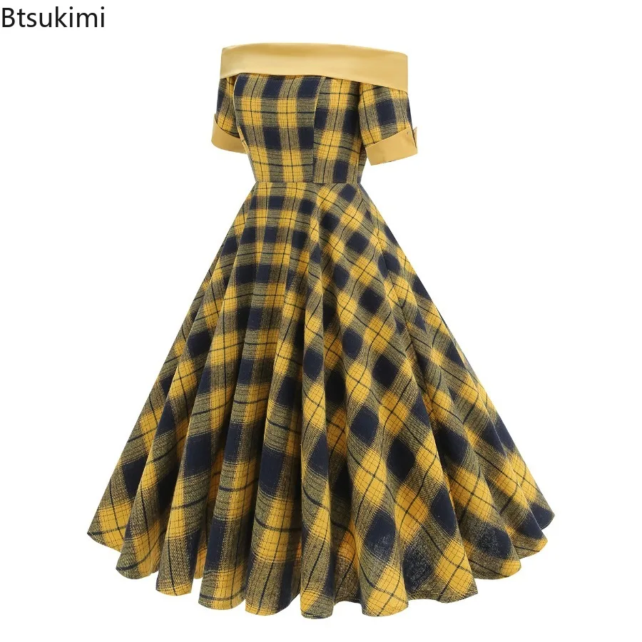 2025年新作 ヘップバーン風 レトロ オフショルダー チェック柄 ロカビリー ドレス ヴィンテージ サマー エレガント イブニング クリスマス パーティー ドレス レディース