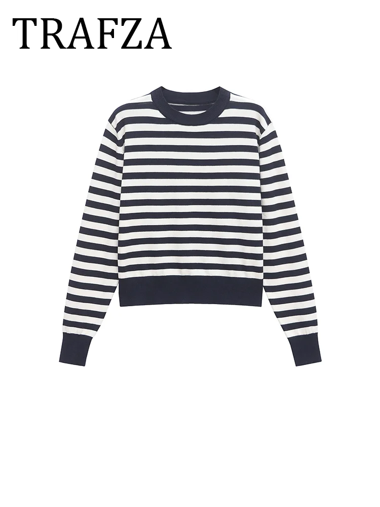 

TRAFZA Striped Knit Pullovers 2025 Spring Round Neck Long Sleeves Woman Top Sweater Elegant Casual Basics Woman Clothing