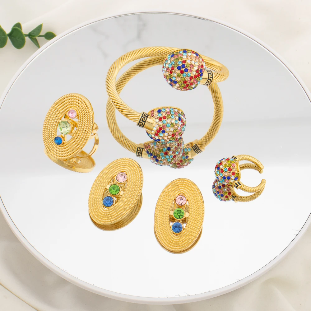 

Newest Jewelry Zircon African Earring Ring Bangles Dubai Style 18K Gold Plated Party Gift Luxury Women Fashion Lady Jewelry Sets