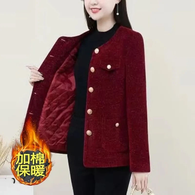 Red Tweed Blazers Women New Autumn Winter Loose O-Neck Single-Breasted Suit Jacket Female Korean Elegant Lady Coats Outerwear