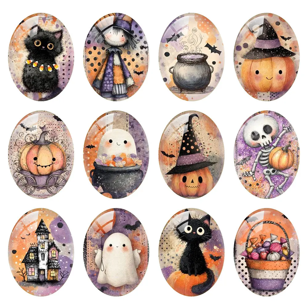 Random Mixed Round/Oval/Square Cute Halloween Cat Pumpkin Witch Photo Glass Cabochon Flatback Demo Cameo For Diy Jewelry Making