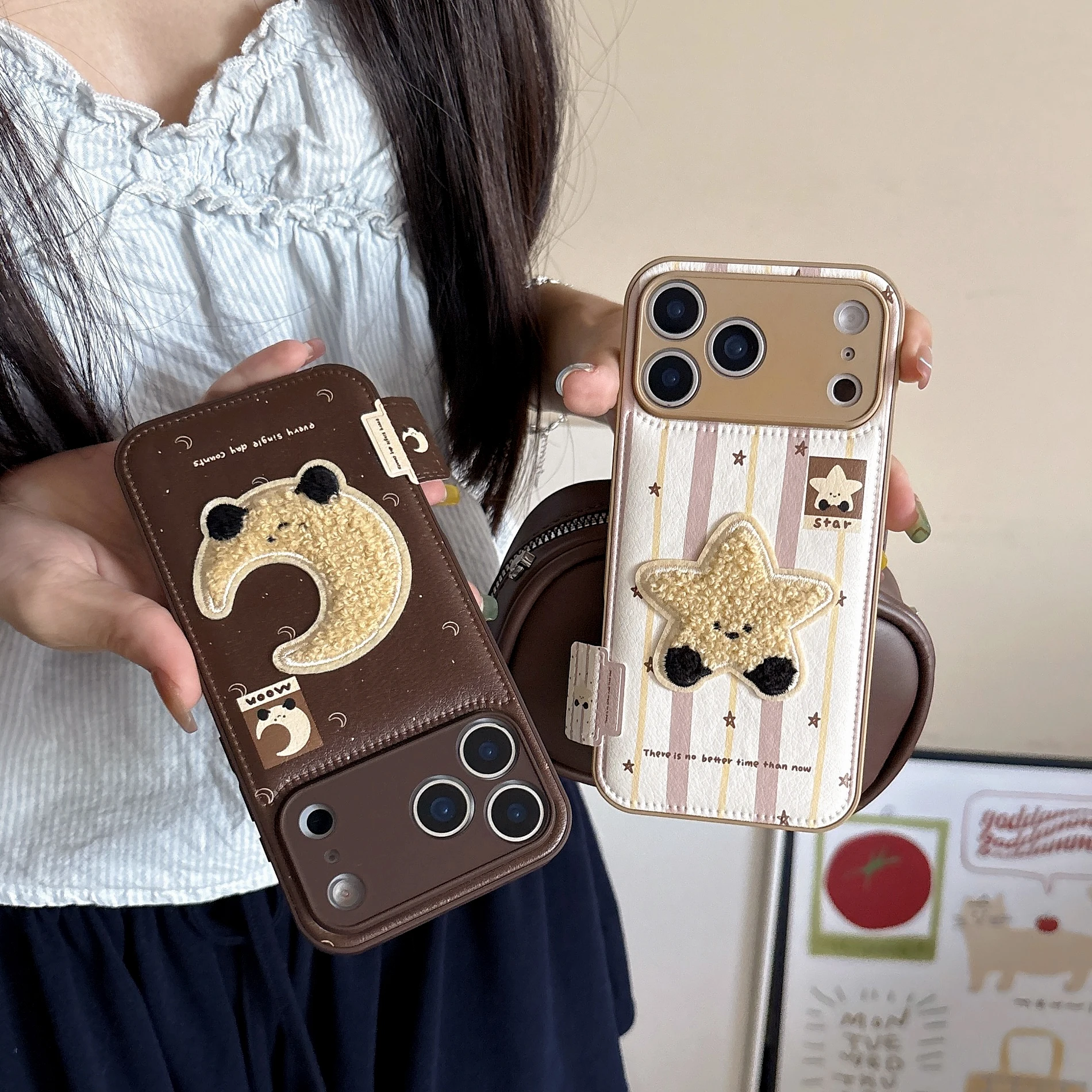 

Кожаный чехол для телефона с милой мультяшной вышивкой и плюшевыми звездами и луной для iPhone 12, 13, 14, 15, 16, 17 ProMax, милый мягкий силиконовый чехол