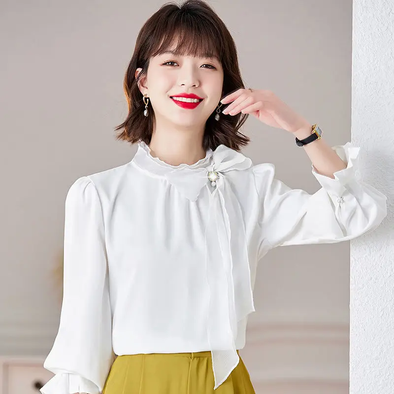 2025 Spring New Style Long-sleeved Bow Shirt Pink Stand-up Collar Chiffon Shirt Women Top