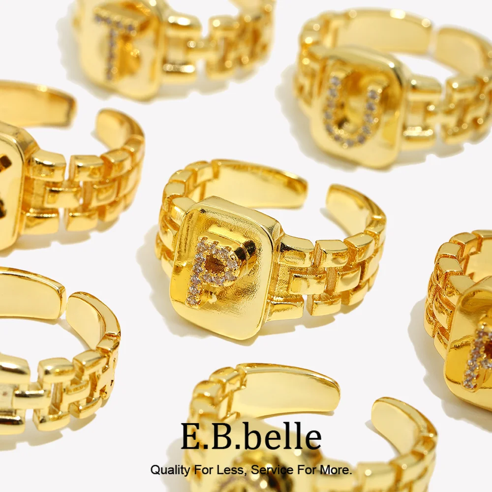 E.B.belle  Hiphop Adjustable 18k Gold Plated AAA Zircon A-Z Letter Ring Watchband Square Statement Gold Initial Rings For Women
