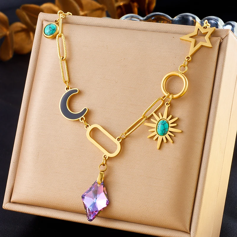 LAMENGLY 316l Stainless Steel Multi Element Splicing Amethyst Moon Stars Turquoise Elements Necklace Creative Clavicle Chain