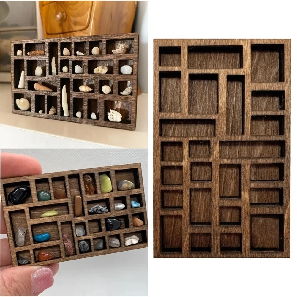 Wooden Mini Jewelry Holder Multi Compartments Miniature Crystal Jewelry Display Tray Ore Specimen Storage Dollhouse Shelf
