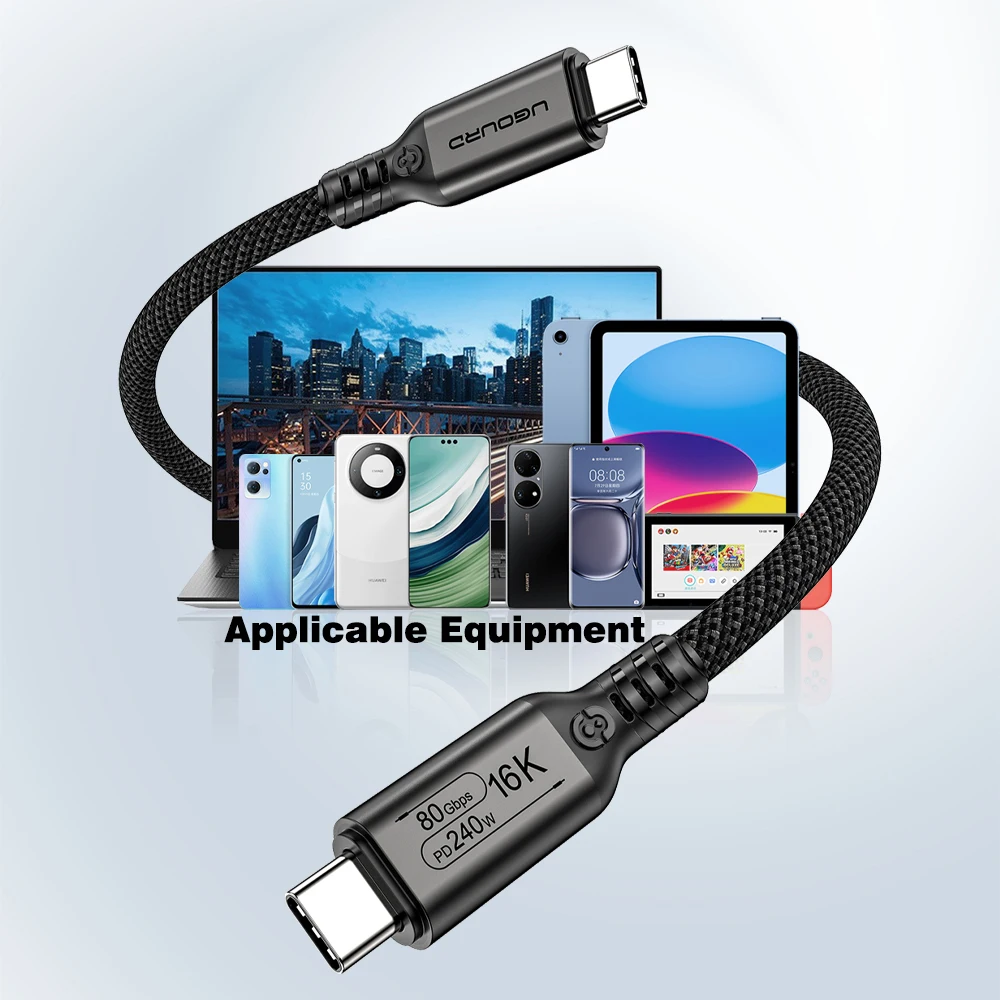 UGOURD 80Gbps Thunderbolt 5 كابل رقاقة معتمدة USB-C Thunderbolt5 2m 0.3m 120Gbps 240W 16K لمحرك الأقراص الصلبة MacBook M.2 USB4-V2