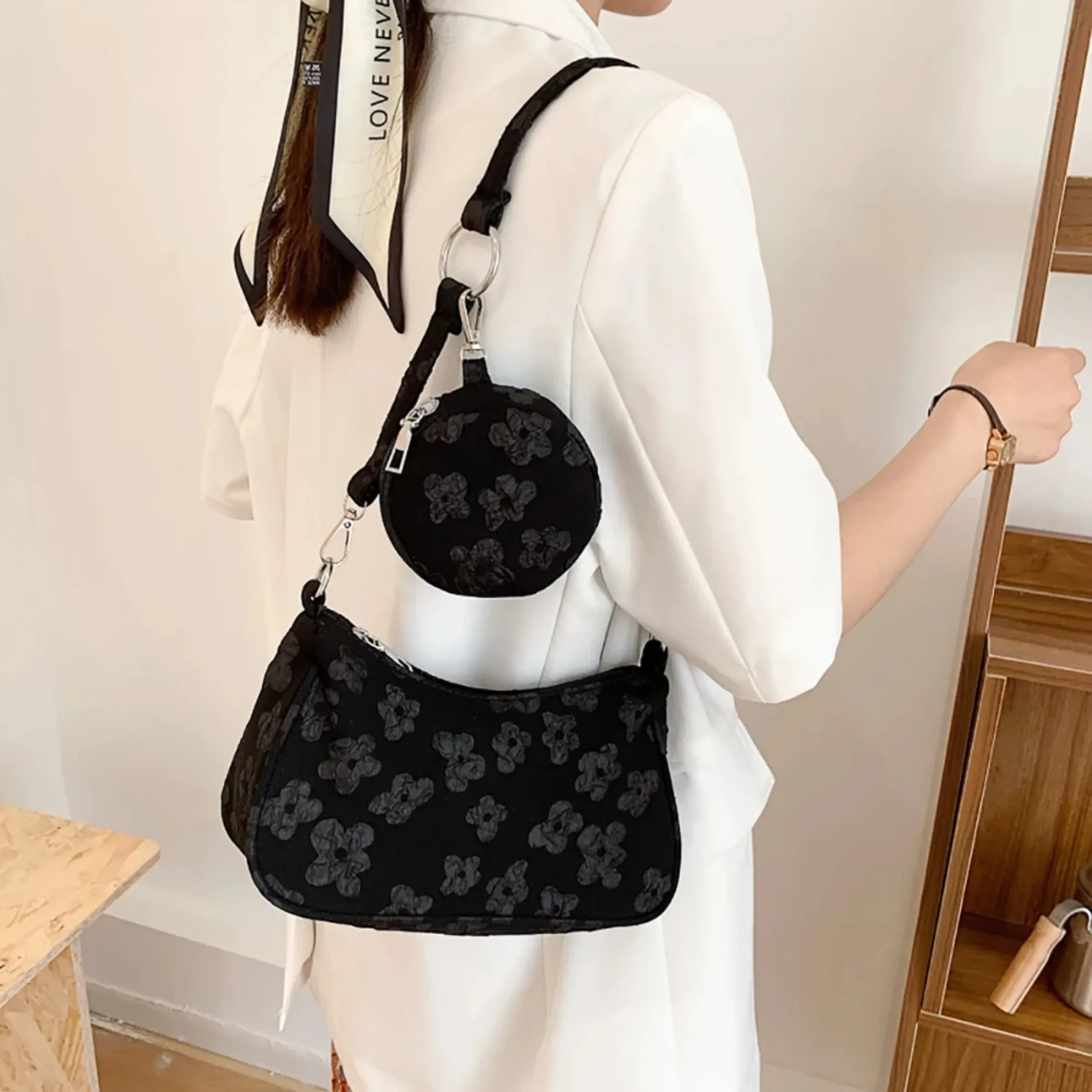 Vintage Flower Printing Shoulder Underarm Bags for Women Casual Small Top-Handle Handbags Ladies Shoulder Bags with Mini Purse