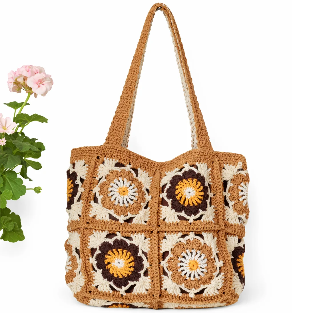 Handmade Crochet Granny Square Shoulder Bag for Women – Vintage Boho Knit Tote with Cotton Lining & Magnetic Closure