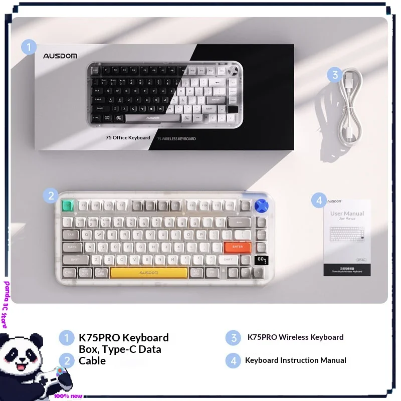 AUSDOM K75 PRO Wireless Bluetooth Keyboard Tri-mode Game Office Silent Mechanical Keyboard Smart Screen Windows iOS Mac Android