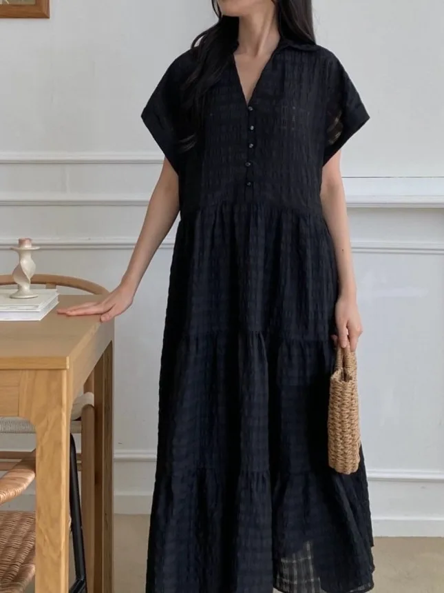 

Summer New Loose Cake Long Dr Women's Plaid Lazy Sle Dr Textured Sensation Maxi Dr Fem Faion