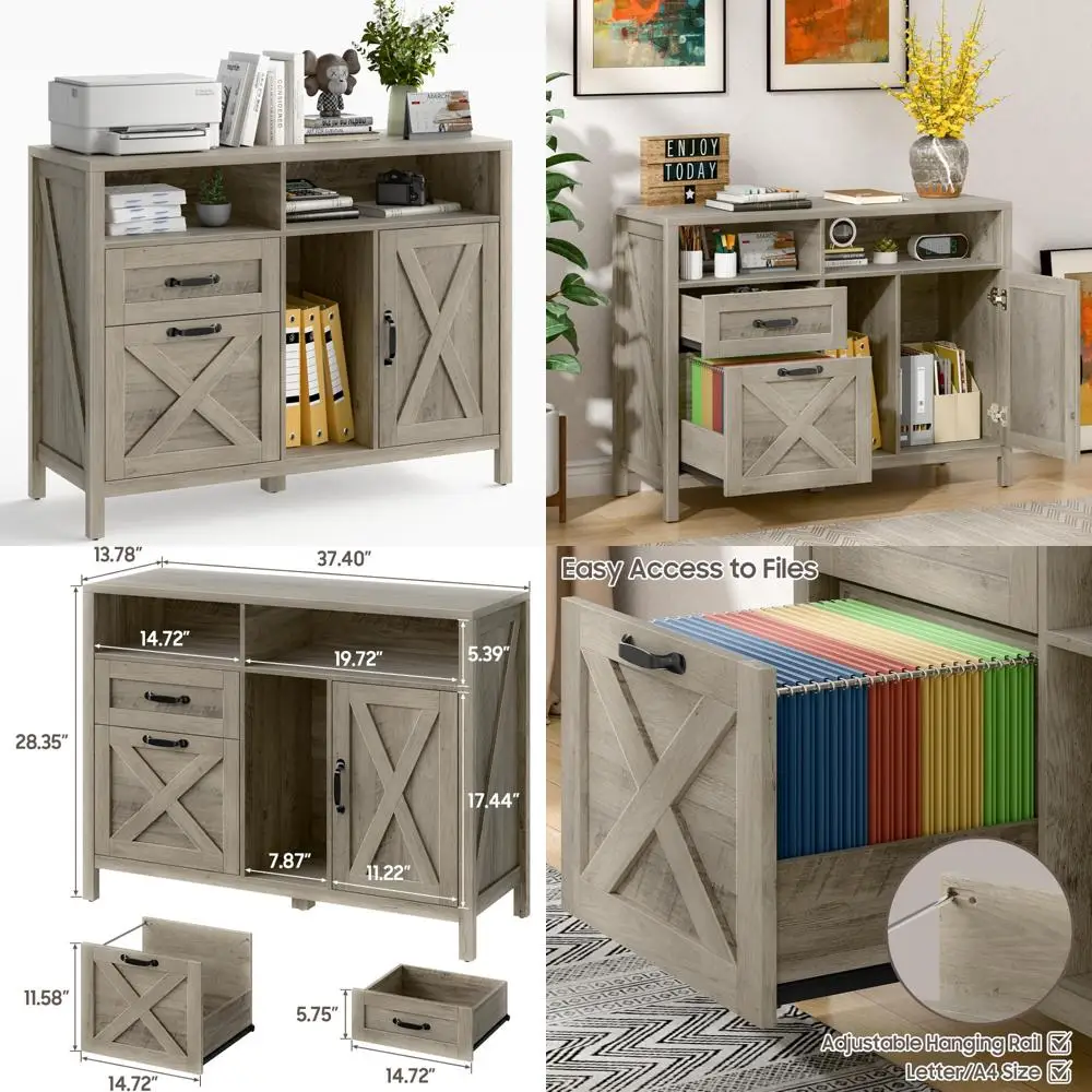 خزانة ملفات خشبية كبيرة على طراز المزرعة مع درجين وبابين، مثالية لملفات وحجم حرف A4/التخزين